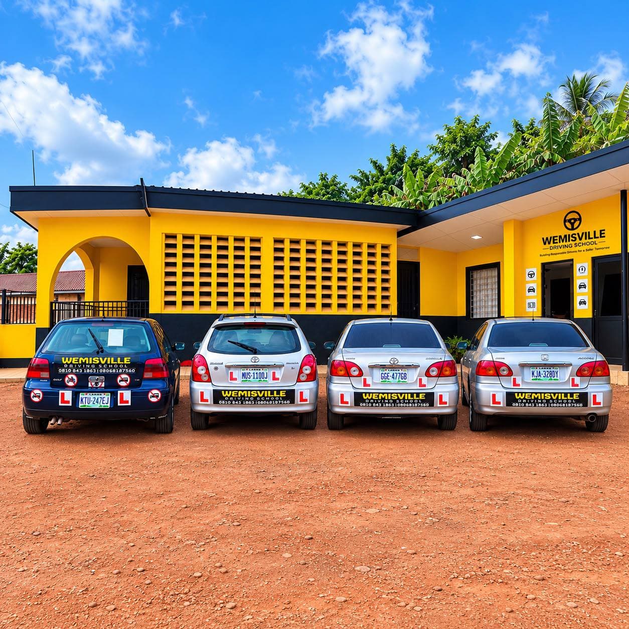 Wemisville's yellow driving school facility with training cars parked outside.
